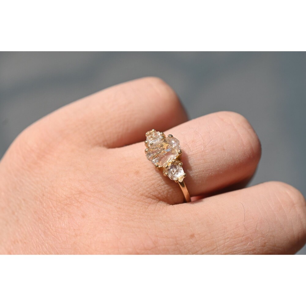 Rough cut three stone engagement ring, simple minimalist jewelry, clear stones n